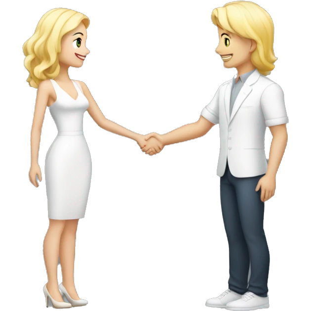 adult restaurant owner with white skin and blogger with white skin and blonde hair shaking hands in full height emoji