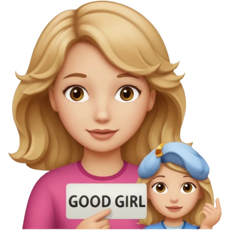 Can you make her more browny blonde with a slight curl in her hair with rosy cheeks holding a sign saying good girl  emoji