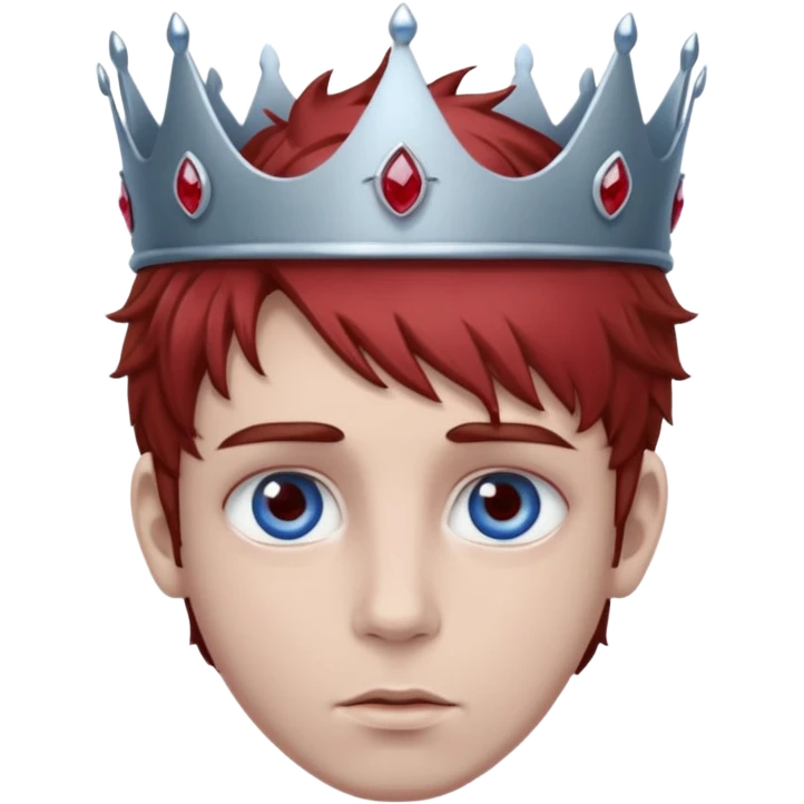 grey boy head with right eye blue and left eye red. he has messy brown hair and a silver crown with rubies on it emoji