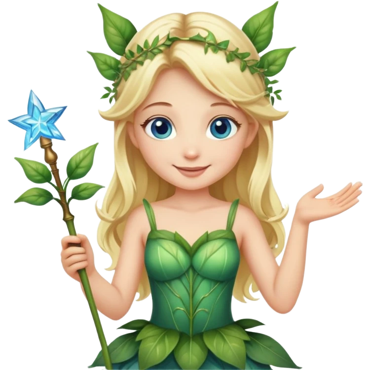 blonde fairy with blue eyes in plant dress with magic wand smiling  emoji