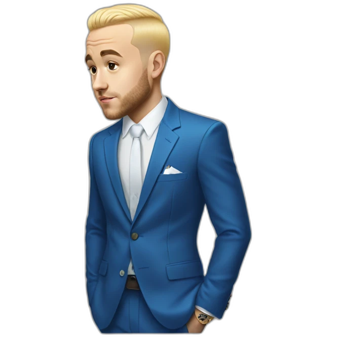 realism mac miller with a blonde comb over skin fade wearing a blue suit  emoji