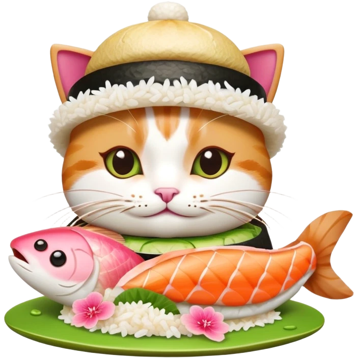 cat wearing a sushi hat with rice base, multiple fish pieces on top, wasabi accent, pink ginger slices, and lots of soy sauce heavily dripping down the sides emoji