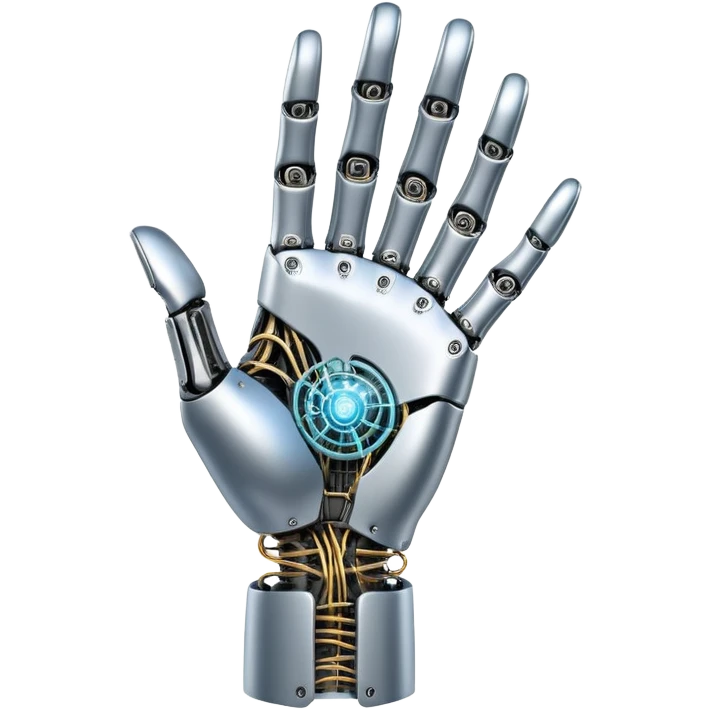An icon inspired by Da Vinci’s 'The Creation of Adam', featuring a robotic hand reaching out to touch a human hand, symbolizing artificial intelligence. The design includes neural networks, glowing circuits, and a holographic brain. Transparent background emoji