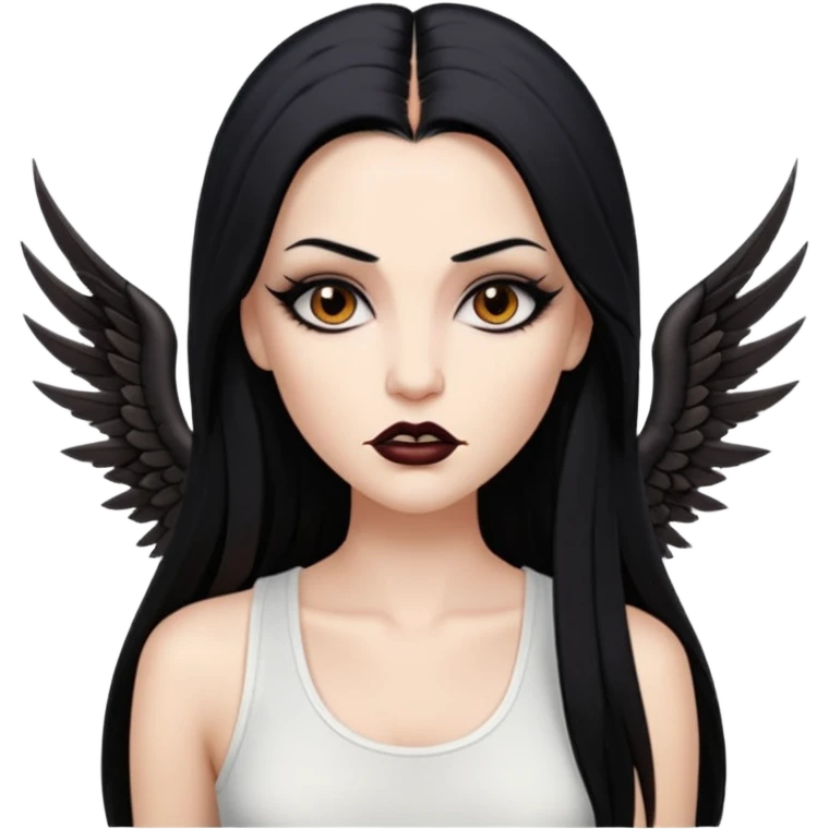 White woman with a white tank top long black hair glossy middle part straight long hair vamp look with fangs brown eyes eyeliner winged with lashes top and bottom white border big lips black eyebrows emoji