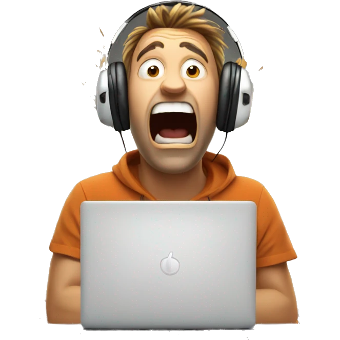 explosion face man wearing headphones, very surprised with wow face, mind blown looking at laptop emoji
