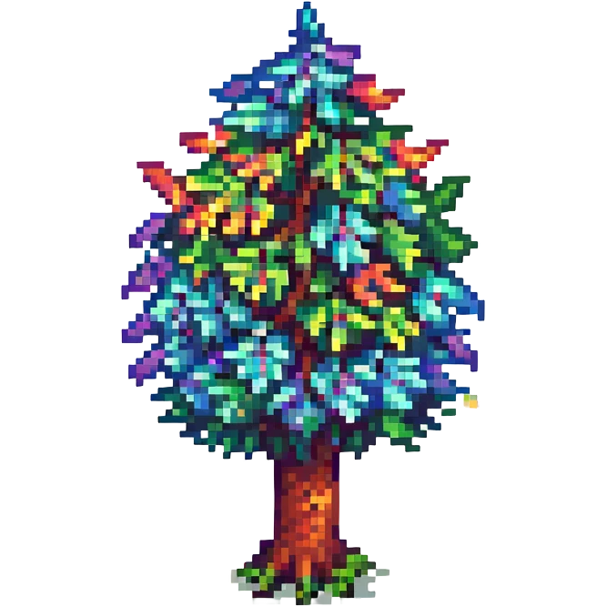 Terraria tree with multicolored leaves in a spiral rainbow pattern, pixel art, whimsical, no text emoji