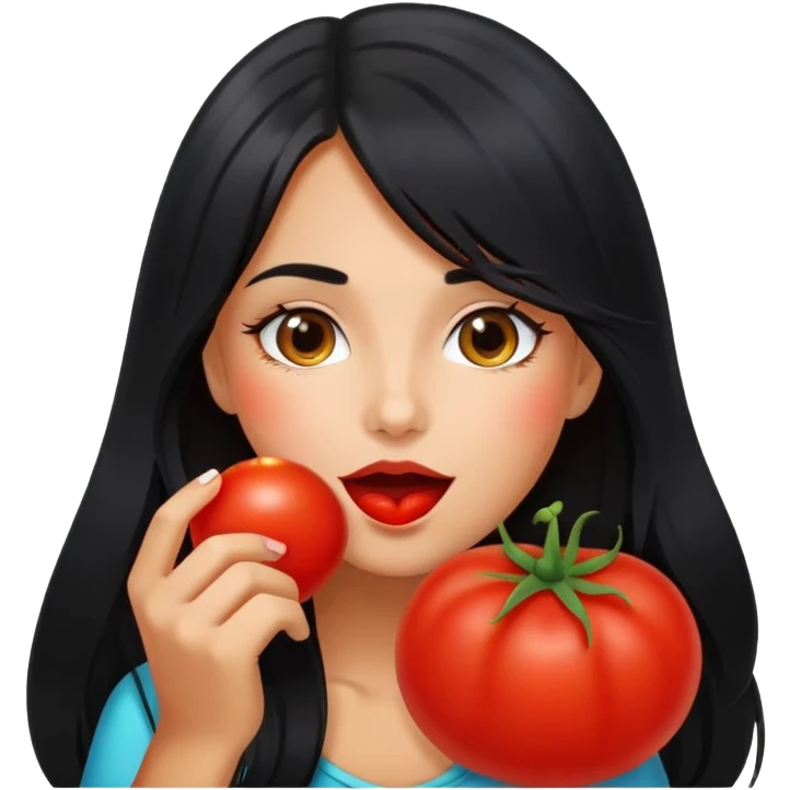 Pretty tanned girl with long black hair, eating tomatoes emoji