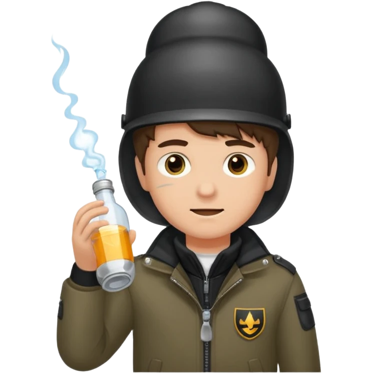 erstell ein bild Von eine jungen der braune augen hat eine sturmhaube trägt und eine Jacky flasche in der Hand hebt plus eine Jacke mit schwarzen fell emoji