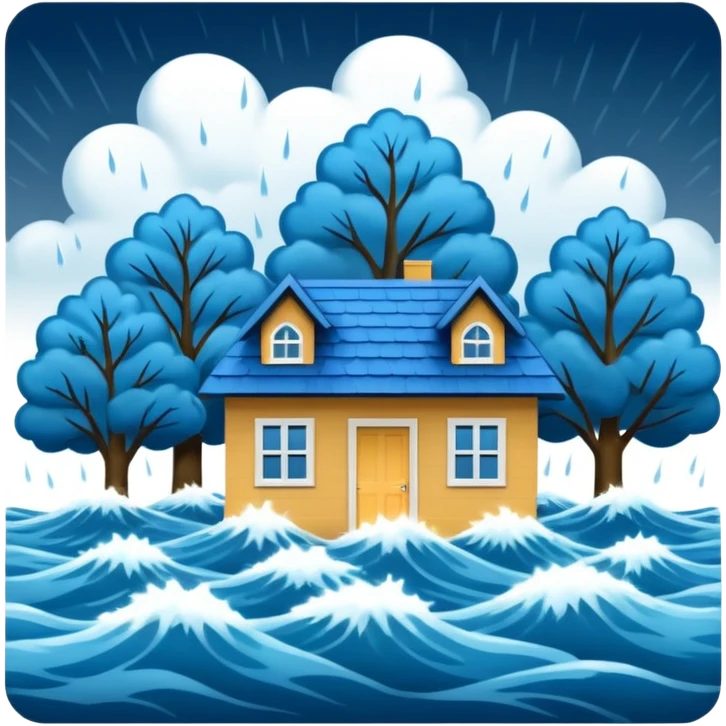 showing a flood disaster scene with powerful blue water waves overflowing around small houses and trees, dark cloudy sky, heavy rain falling, dramatic yet simple design emoji