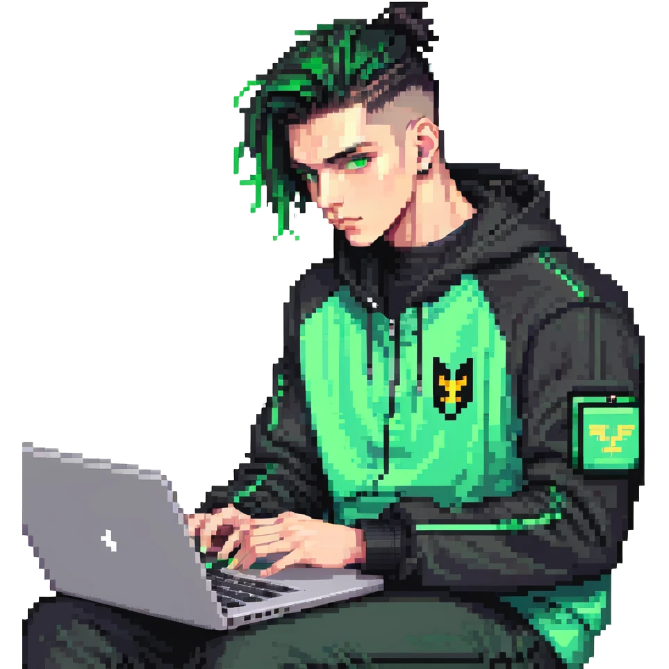male with dark hair, wearing a black palm angels tracksuit, high fade haircut, slick back hairstyle, green eyes, green aura, coding on black laptop emoji