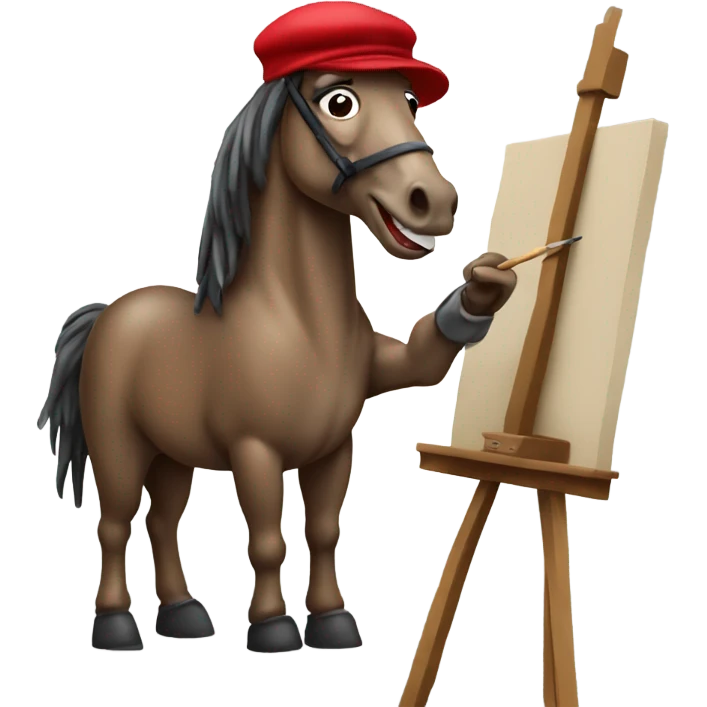 horse artist wearing a beret and standing in front of an easel with a paintbrush in his mouth emoji