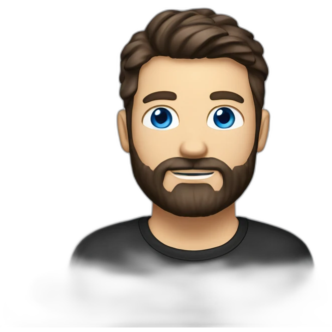White man with a sun kissed tan and blue eyes. His hair is dark brown, styled sideways backwards. He has a beard and mustache trimmed. Wears s black t-shirt. emoji
