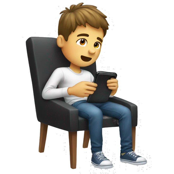 A boy using phone sitting on the chair with legs upside emoji