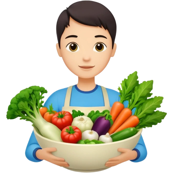 Healthy home cooking humanless avatar in clean style vibrant illustration. Fresh vegetables bowl, green tones, simple shapes, flat design, friendly and light. emoji