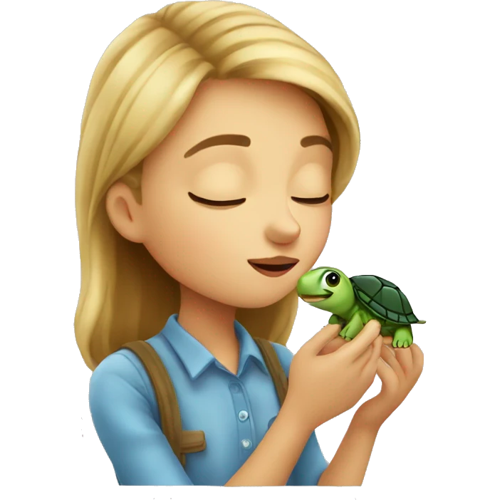 European girl kisses little turtle emoji