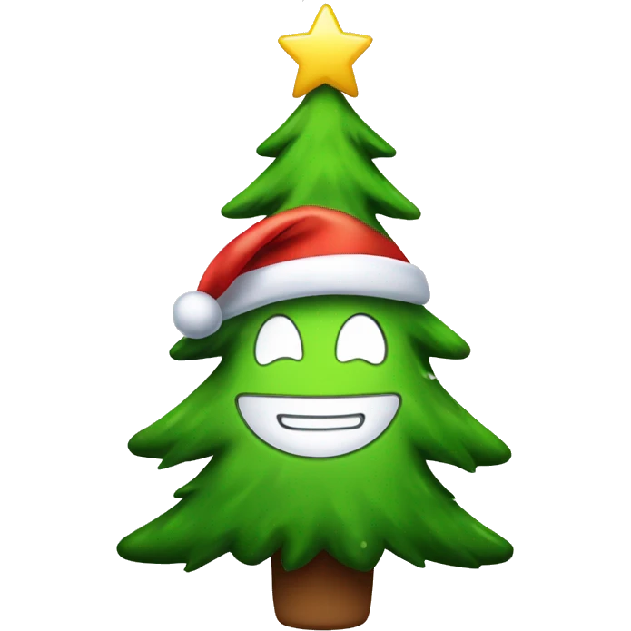 Happy christmas tree character with santa hat and anime smile emoji