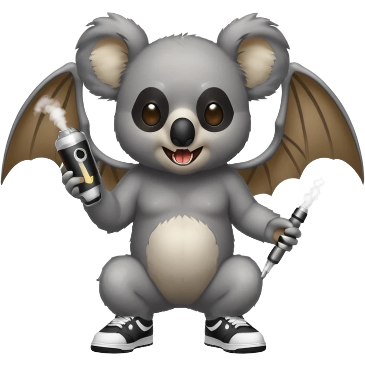 Koala with bat wings and fangs , wearing Nike dunks and holding a vape emoji
