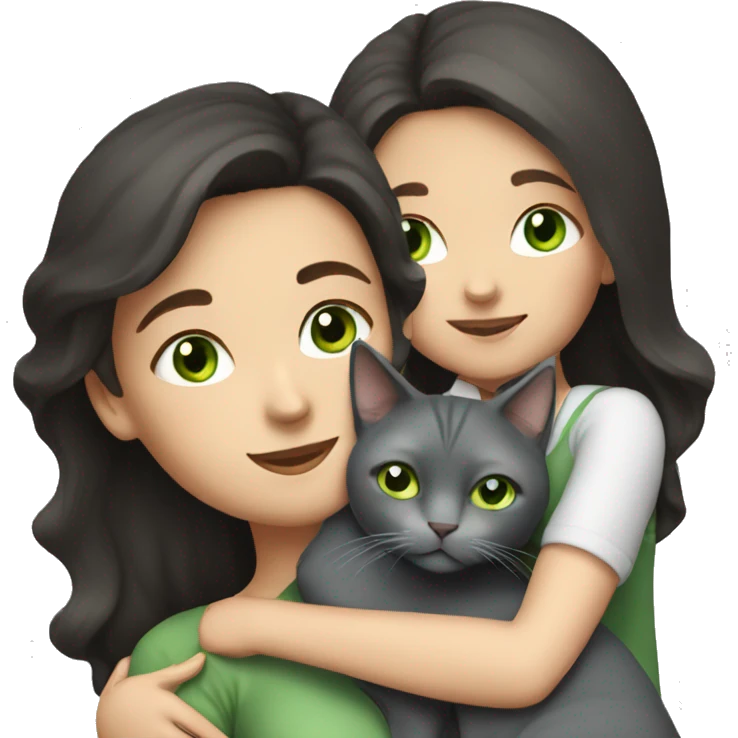  white woman with dark hair cuddling grey cat with green eyes  emoji