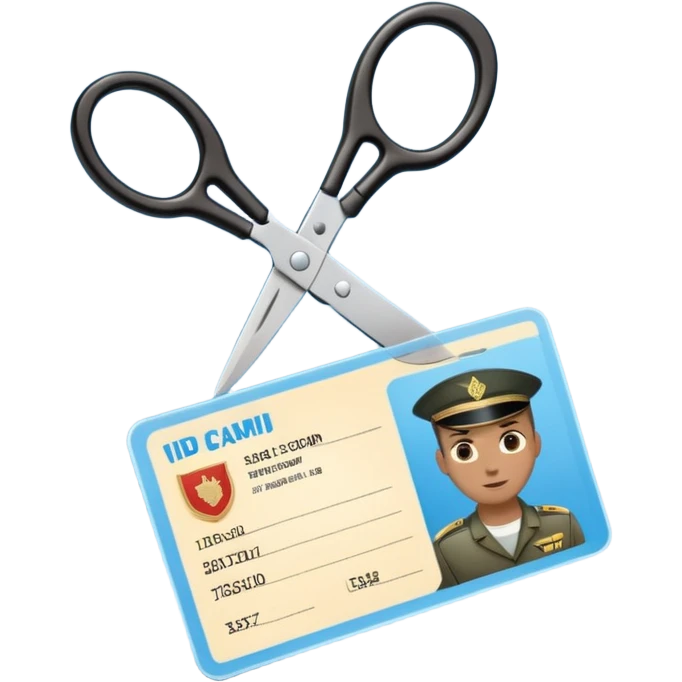 Floating black Scissors cutting in half a light blue idf soldier ID card with golden chip in 2 parts .hyper realistic emoji