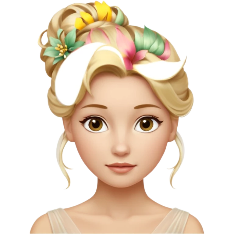 Cinematic Realistic Rococo Portrait, depicted with lifelike skin texture, subtle rosy undertones, and soft natural lighting that enhances the gentle contours of her face. Her intricately detailed golden blonde hair is elegantly styled in an updo, with delicate wisps framing her face.  emoji
