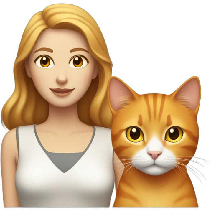 a woman with light brown hair, lightly tanned white skin with honey-colored eyes, and an orange cat with yellow eyes emoji