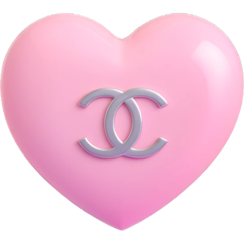 Remove the diamond accent, keep only the glossy white heart with a soft pink glow and silver Chanel logo, elegant, white and silver color scheme, 3D emoji style, keep the background transparent except for the glow. emoji