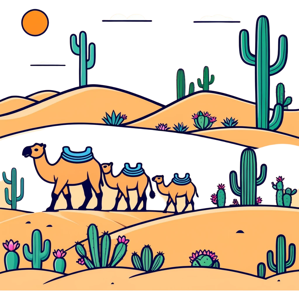 ￼ Make there be cactuses and tan sand, and in the flowers blooming on the cactuses camels with people riding on the camels emoji