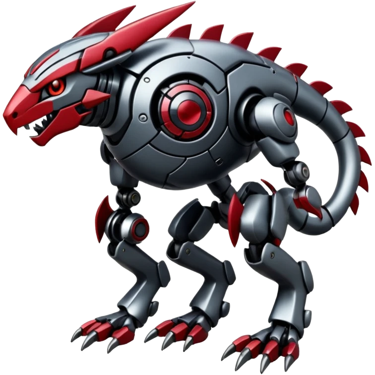 Futuristic mechanical cyborg modern badass cool shiny metallic alloy silver-grey obsidian-black crimson-red white animal Digimon Fakémon hybrid full body with intricate patterns emoji