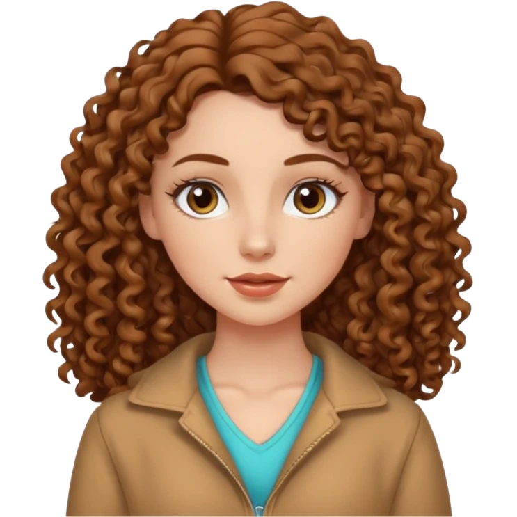 White girl with brown long 3A curly hair, brown almond shape eyes, refined wide nose, natural lips. Cute clothnig emoji