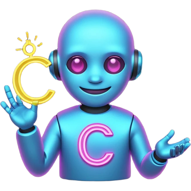Tiny smiling cyber creature made of neon lines, holding a small glowing C symbol, with little sparks around it. emoji