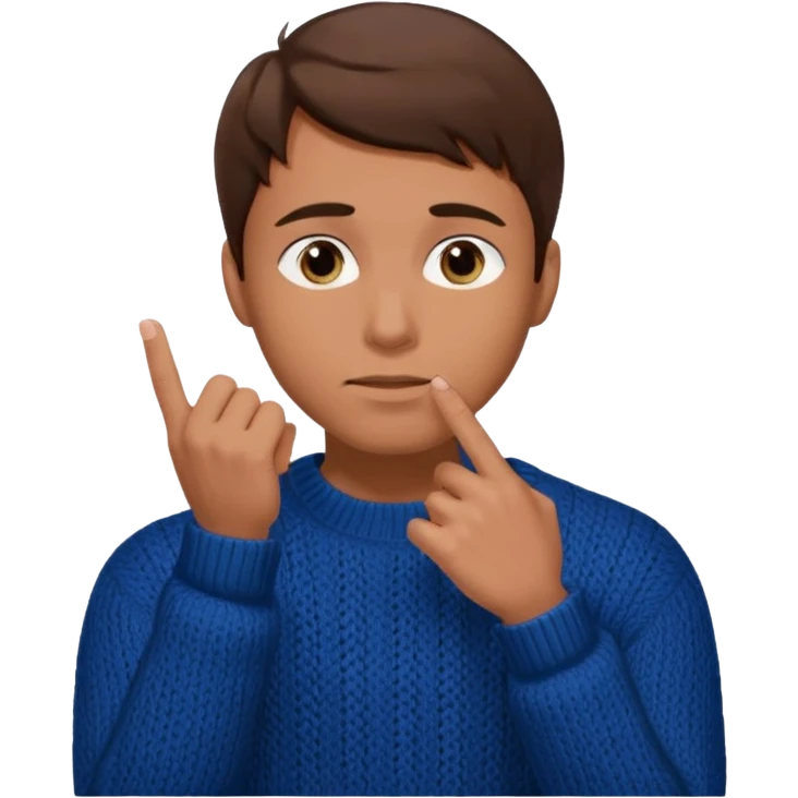 man in black knitted sweater in thinking pose, blue eyes brown hair, index finger touching his chin, eyes looking up to the top right emoji