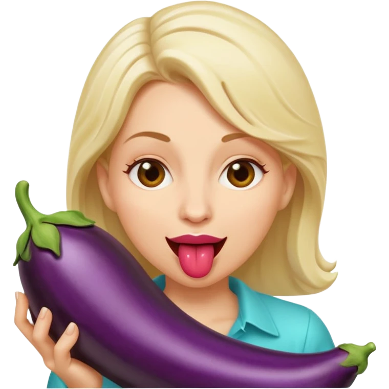 White woman holding an aubergine with white squirt on her face. She has her tongue out emoji