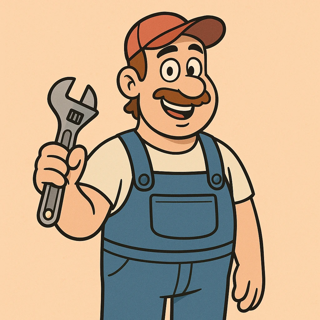 a plumber, classic blue overalls, holding a wrench, friendly expression, simple background emoji