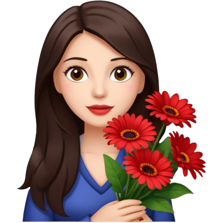 Mujer güera, con cabello largo café obscuro, ojos cafes obscuro, cargando un ramo de gerberas con cara de enamorada y corazones en su Cara emoji