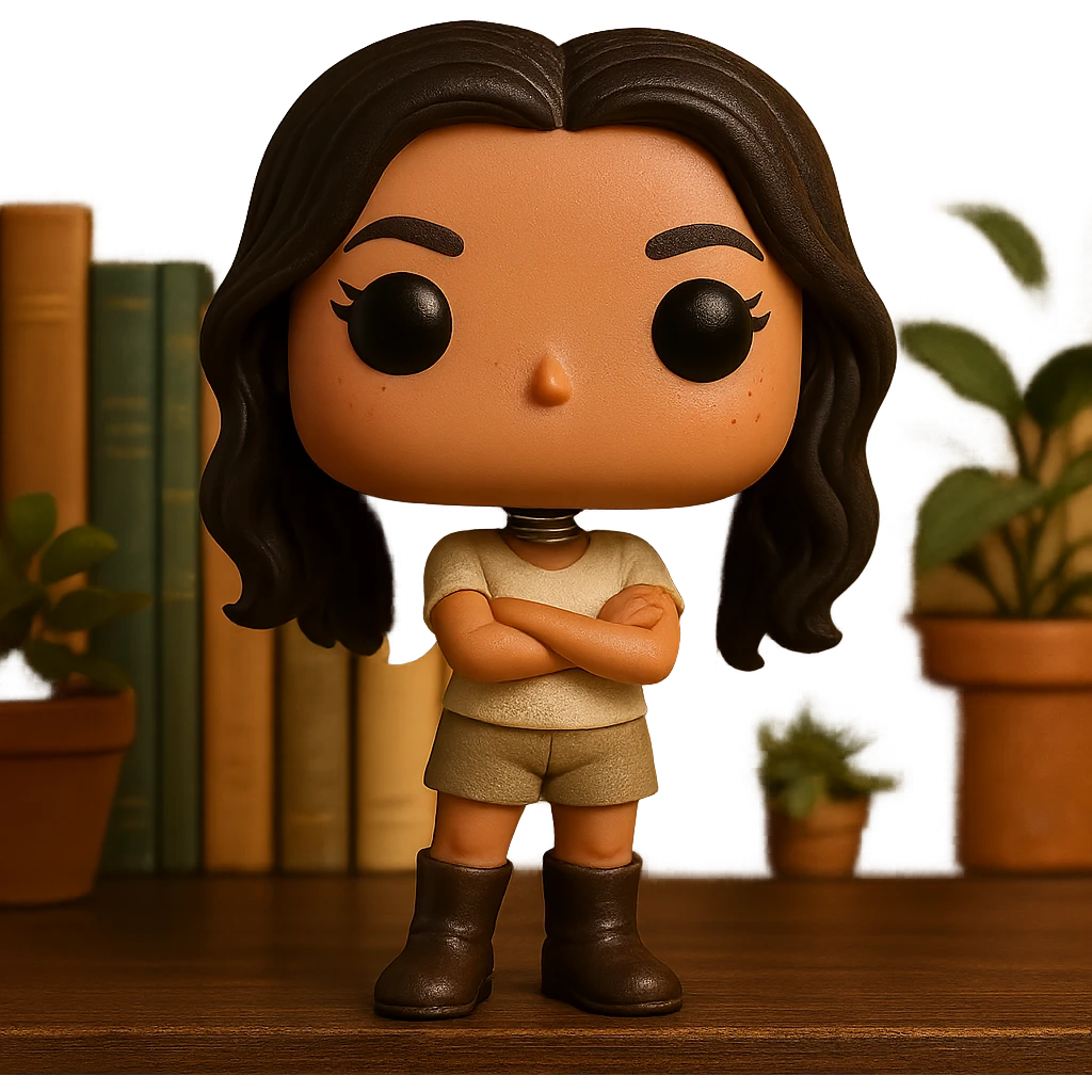 Enhance the Funko Pop style image with smooth tanned skin, dark hair with subtle auburn highlights, even darker leather boots, textured clothing (cream top, greige bottom), crossed arms, rosy cheekbones, very subtle freckles, mischievous and playful expression without mouth, transparent background. emoji