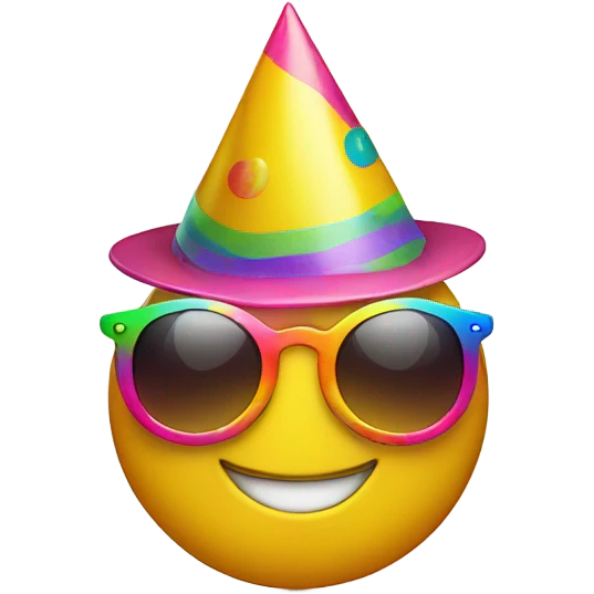 yellow, circle, smile, with party hat on, wearing colorful sunglasses emoji