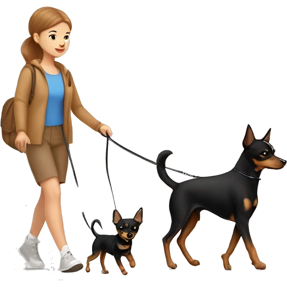 A light brown haired girl, walking one mini black and tan miniature Pinscher and one bigger, fluffy & light brown Spitz on the lead emoji
