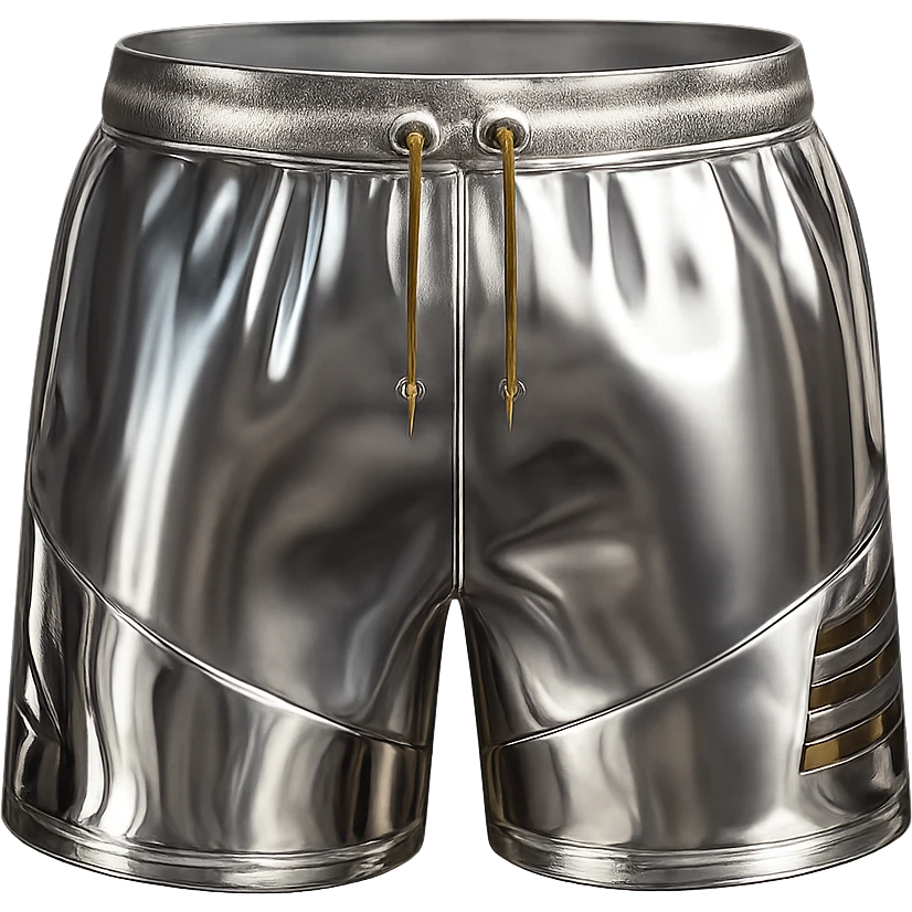 Make the shorts chrome 3D style with gold and white accents, highly reflective and metallic, no background. emoji