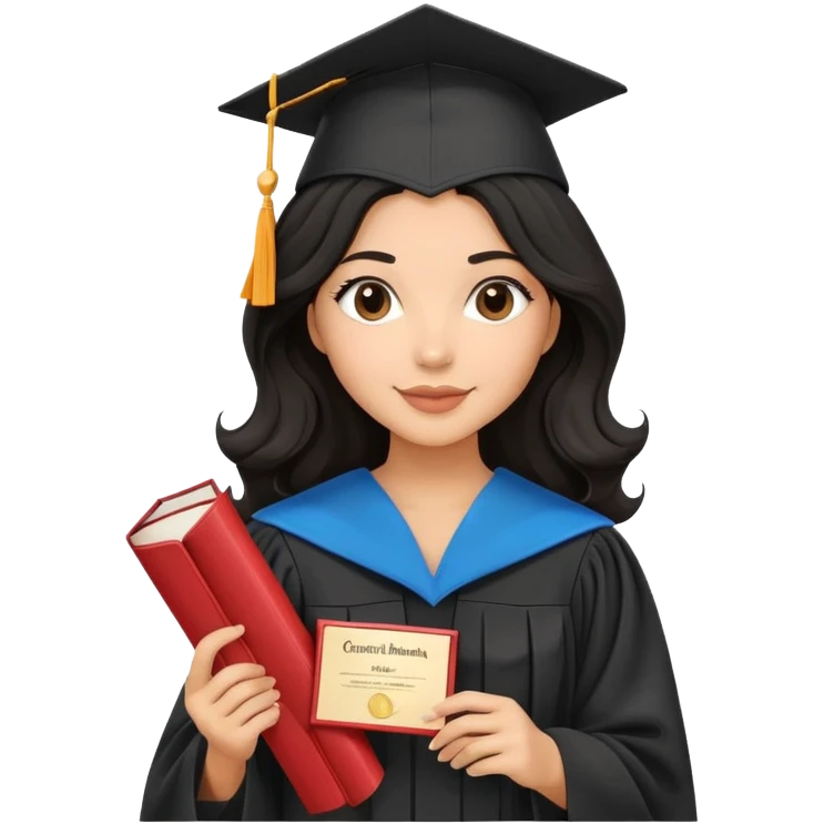 beautiful latina woman with wavy black hair wearing graduation cap and gown, holding diploma emoji