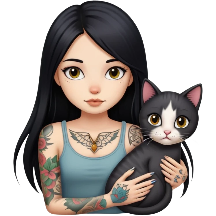 girl with long black  straight hair and tattoos and  a cute cat emoji