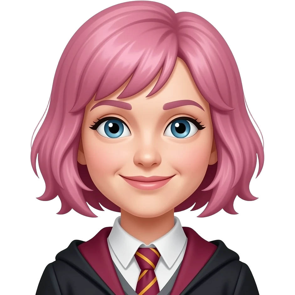 Nymphadora Tonks emoji, Apple style, clean 3D, soft gradients, young woman, short colorful hair (pink), playful expression, minimal icon, centered, white background, high detail emoji
