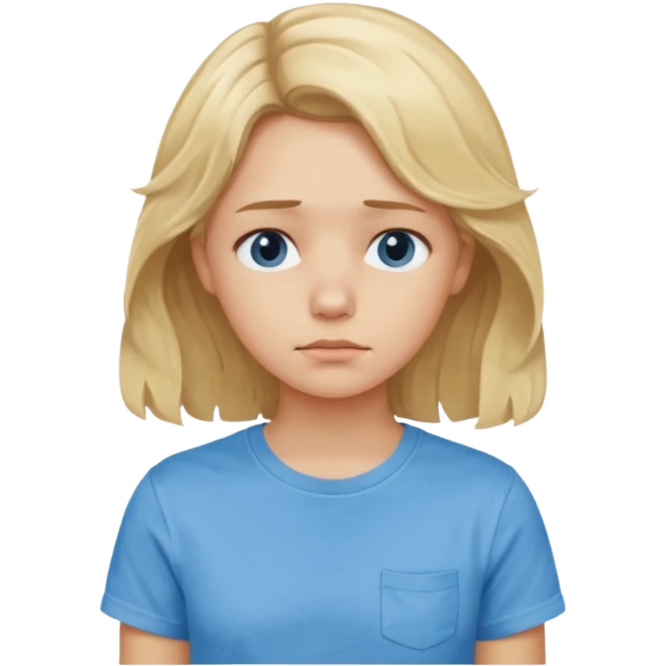 Sad blond girl with light weavy hair with a blue shirt but we can see only her face and neck and the top of the t shirt, no whole body emoji