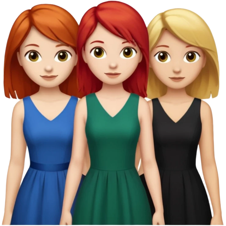 Can you create an image of 3 friends together one with red bright hair light skin one the other with brown hair with some blonde highlights in the hair fair skin the last one with light brown a tint of orange hair and black long hair with brown with dresses emoji