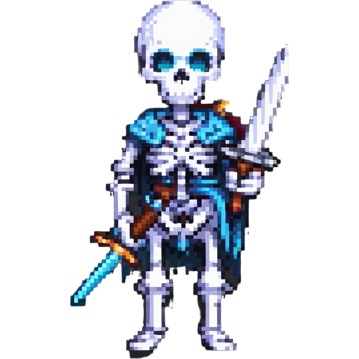 pixel art skeleton holding a sword, simple and bold emoji