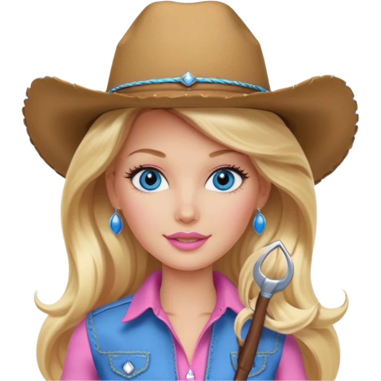 Cowgirl barbie in a pink outfit with cowboy hat with long blonde hair and blue eyes emoji