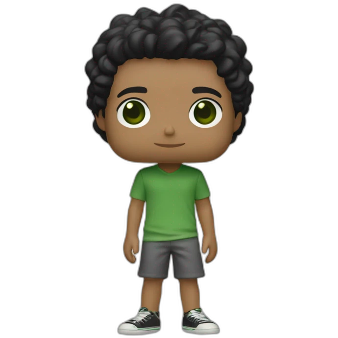 Young 18 years old boy, black hair, green eyes, long surfer hair, as a funko pop full fbody emoji