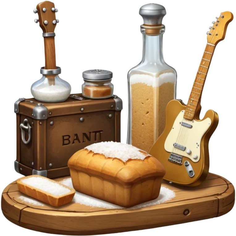 cinematic ultra HD steampunk victorian - a bottle of salt (salt shaker) and a loaf of peasant bread with a small electric telecaster guitar - still life composition emoji