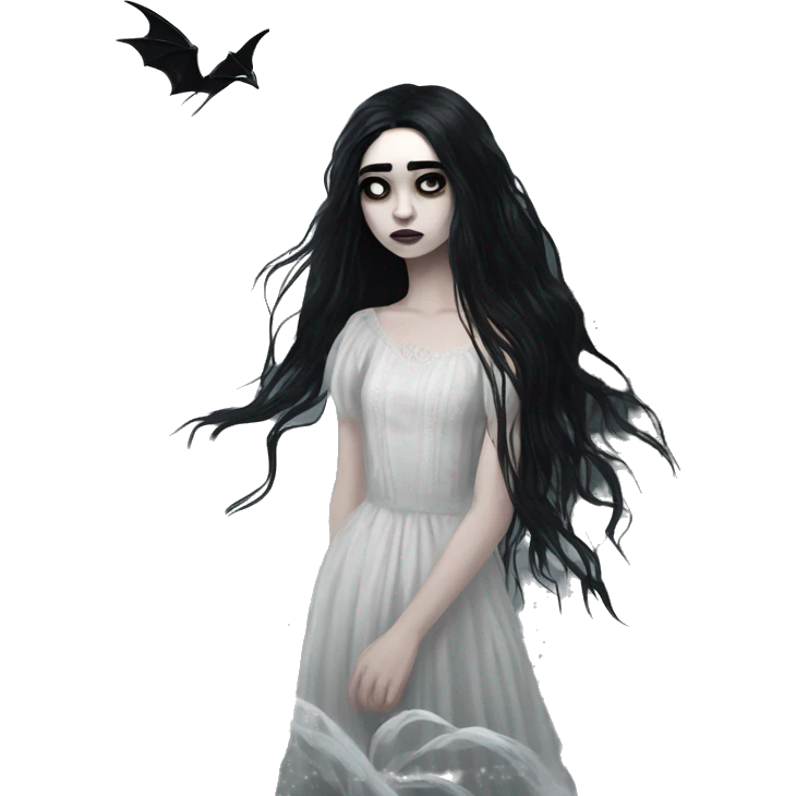 Dramatic girl  goth white pale with dark lighting  with black hair  in river with very very long lace dress  black long hair flying in the wind sad face  white eyes emoji