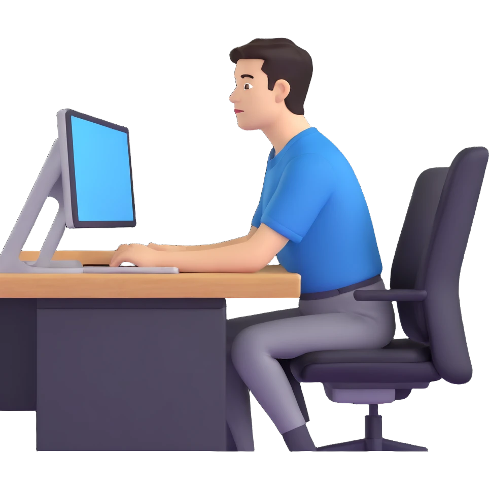 person with excessively sloping shoulders, looking away, sitting at an office desk, symbolizing shirking responsibility emoji