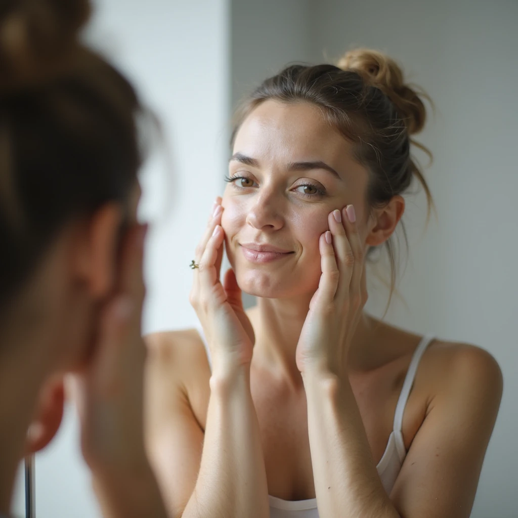 adult woman taking care of her skin in front of the mirror, theme of wellness and self-acceptance, realistic style, natural details, bathroom environment emoji